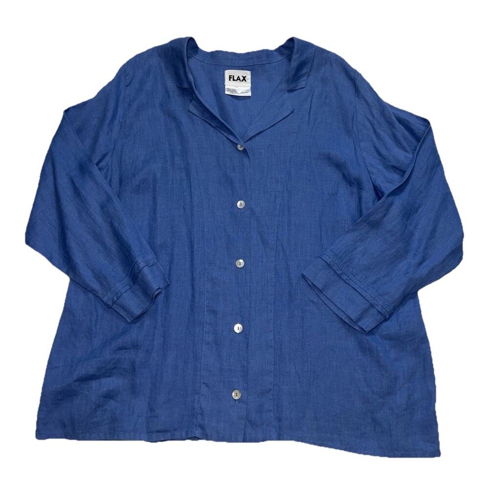 FLAX Linen Shirt Tunic Plus Size 1G (18-20) Blue Long Sleeve Button Coastal Top